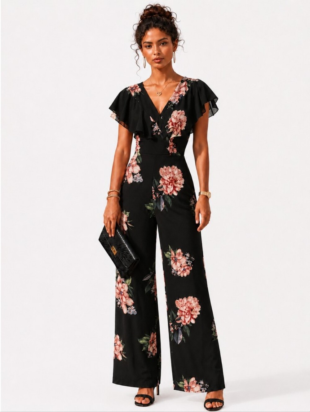 Nicole Miller Studio Black Floral Flutter Sleeve Jumpsuit Women’s Size 4